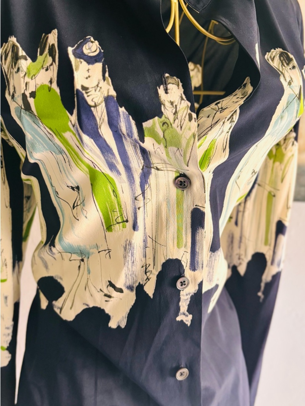 Linda Allard Ellen Tracy Silk Blouse Size 10 Abstract Print Navy Green - Picture 3 of 8